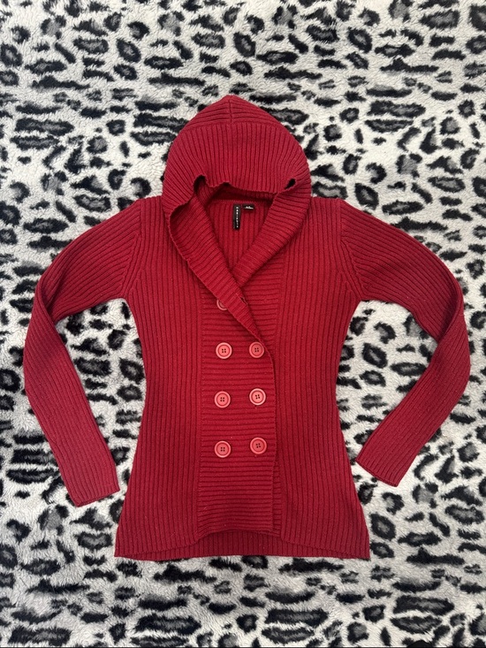 Mariposa Sweaters - Mariposa Red Ribbed Hooded Double-Breasted Sweater Cardigan